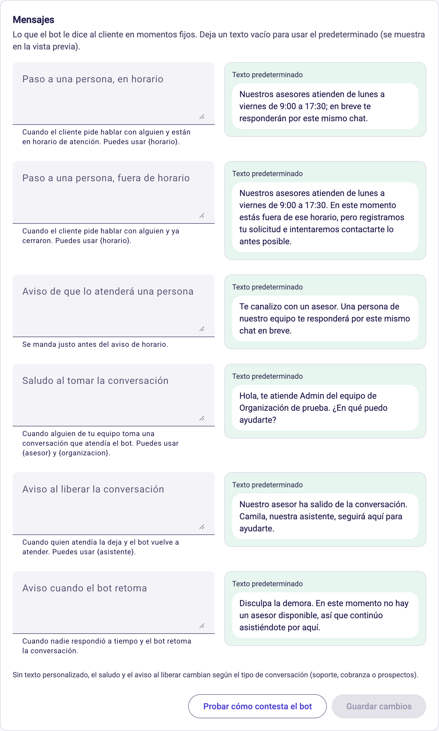 La pantalla Mensajes con los seis textos del asistente y su vista previa