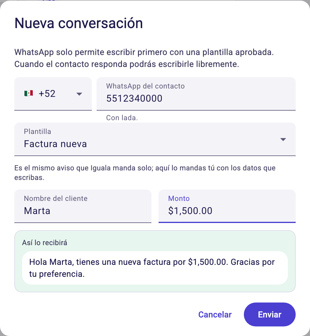 El diálogo Nueva conversación con el número, la plantilla, los datos y el recuadro Así lo recibirá