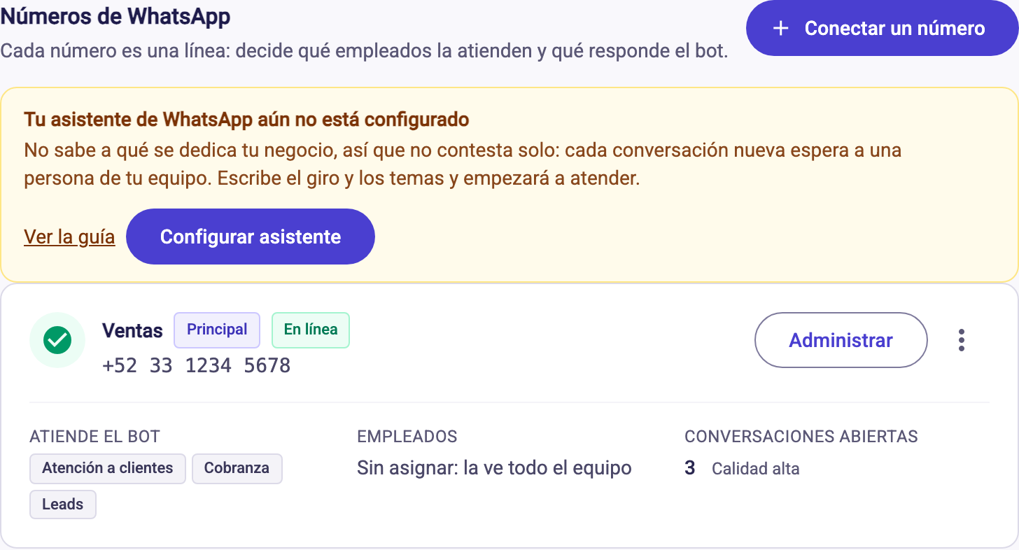 Aviso de asistente sin configurar en la pantalla Números