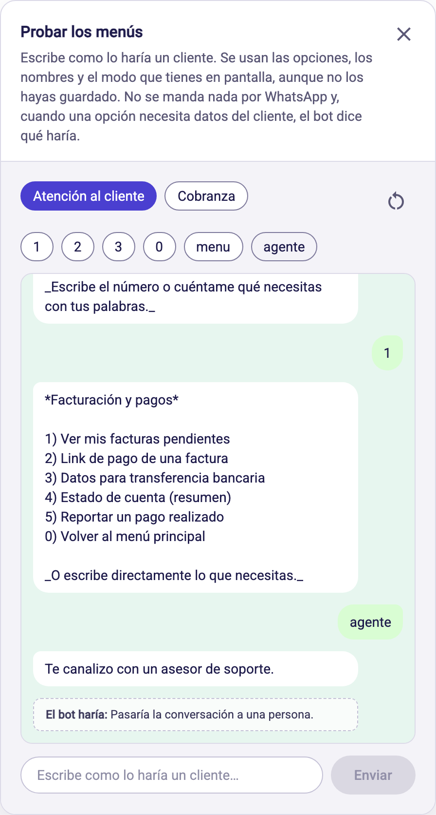Panel de pruebas con una conversación del menú de atención al cliente