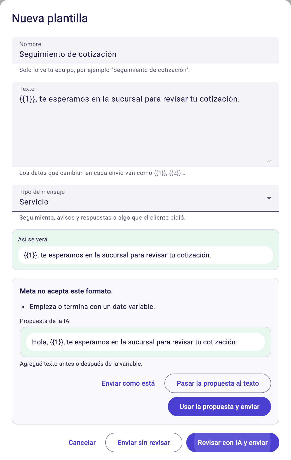 Diálogo de nueva plantilla con la revisión de la IA y su propuesta